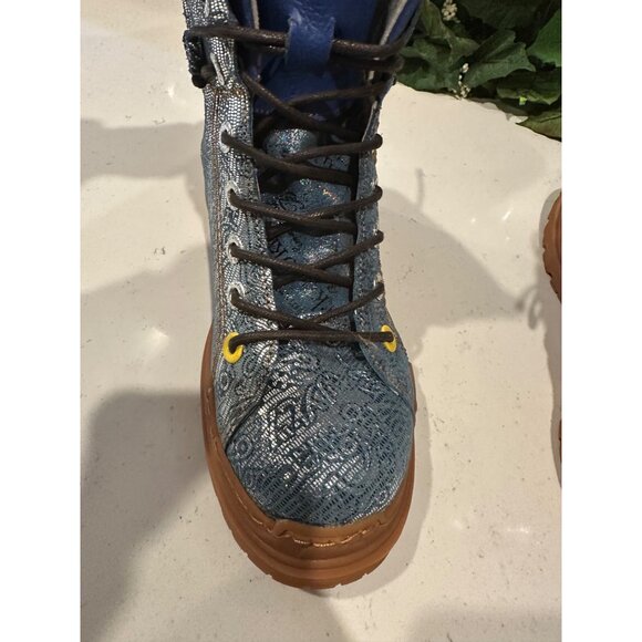 TMA Turquoise Blue Lace-Up Boots With Brown Sole & Side Zipper - Picture 8 of 11